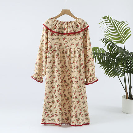 French-style long cotton nightdress women's spring and summer long-sleeved over-the-knee double-layer yarn crepe loose retro home can be worn outside