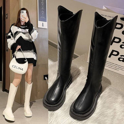 New Autumn and Winter Platform Thick-Soled High Boots for Women, Fleece-Lined, Height-Increasing, Slimming Knight Boots, Large-Toe Zipper Boots