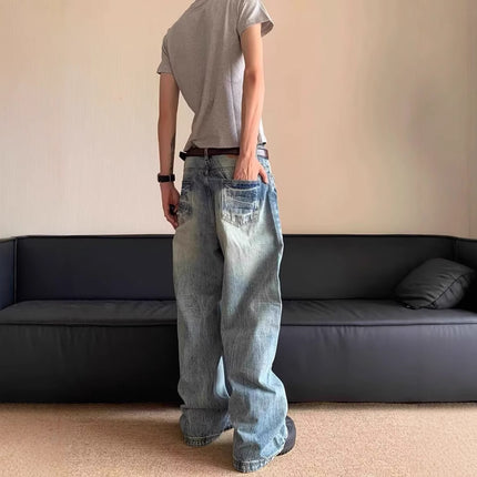 American Vibe High Street Retro Glacier Blue Fashionable Lightning Pattern Jeans Men's Washed Loose Straight Floor-Length Pants
