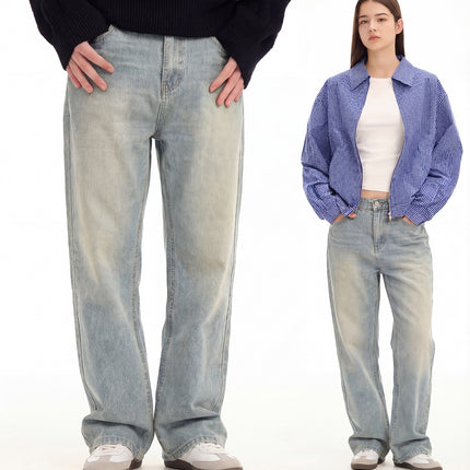 RDT Men's Wear | cleanfit Washed Old Vintage Ice Blue Cream Falling Cat Must Scratch Slight Jeans Men