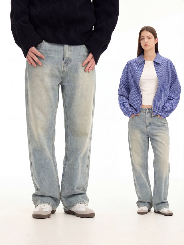 RDT Men's Wear | cleanfit Washed Old Vintage Ice Blue Cream Falling Cat Must Scratch Slight Jeans Men