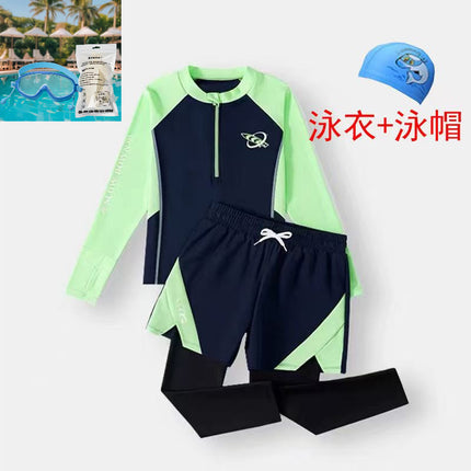 Baby Boy, Middle and Large Children, Slim Long-Sleeved Split Swimsuit Suit, Super Fairy Cut Out Kindergarten Summer Sports Three-Piece Suit