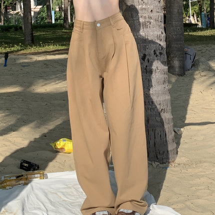 Spring 2025 New Korean Style Jeans Women's High Waist Loose Slimming Pleated Design Drape Wide Leg Trousers