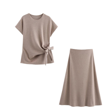 Foreign trade autumn and winter new European and American style knot decoration soft short sleeve top 0858673 Midi skirt 0858674