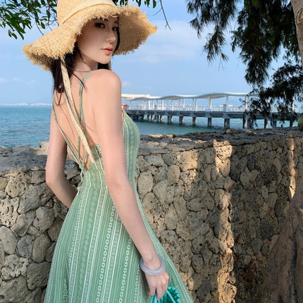 Real Shot New Light Green Printed Sling dress Yunnan Seaside Holiday Lou Super Slim-fit Back Long Dress for Summer