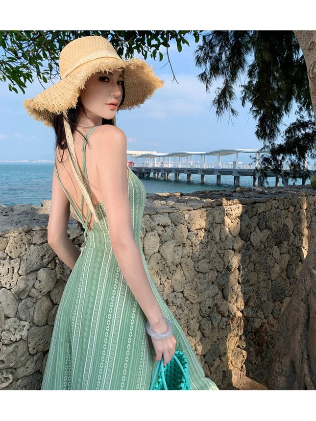 Real Shot New Light Green Printed Sling dress Yunnan Seaside Holiday Lou Super Slim-fit Back Long Dress for Summer
