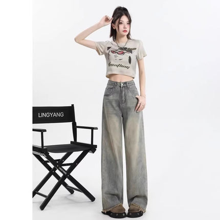 Nostalgic Retro Wide Leg Jeans Women's Trendy All-match New High Waist Slimming Loose Straight Rapped Mop Pants
