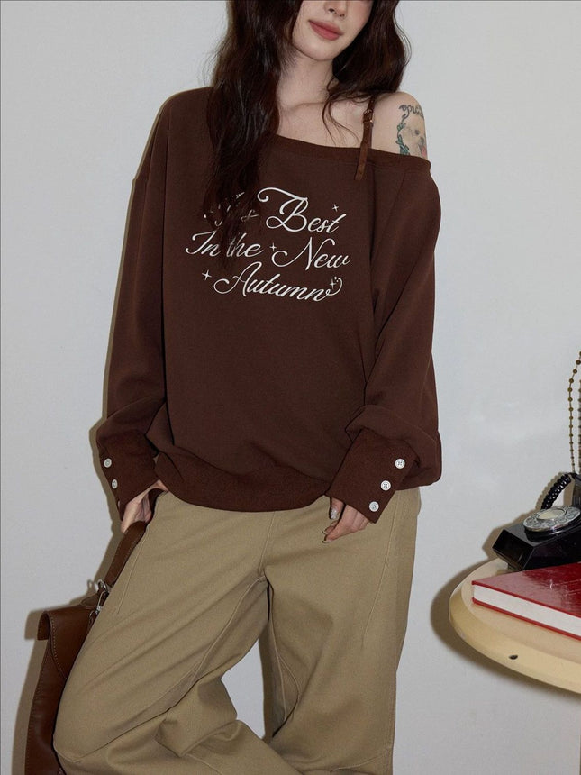 American Coffee Color Letter Off-Shoulder Sweatshirt for Women 2025 Autumn Lazy High-End Loose Casual Long-Sleeved Top