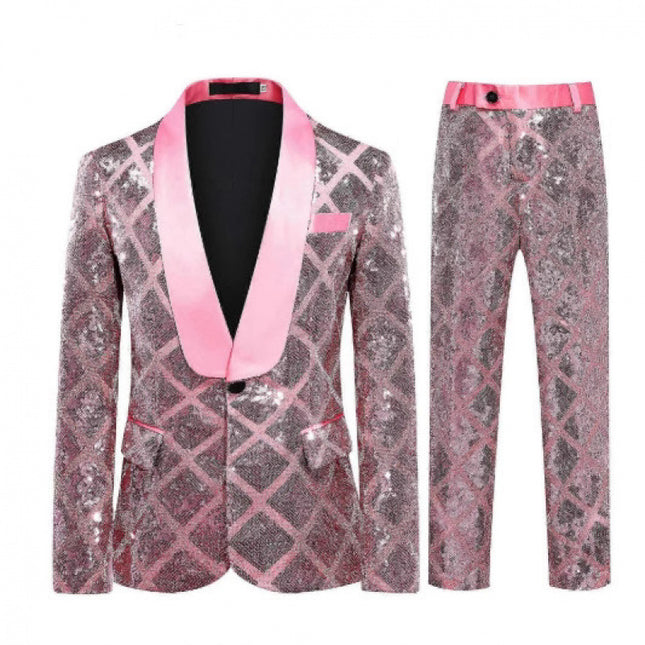 Cross-Border Sequined Nightclub Suit Set for Men, New Foreign Trade Pink Banquet Stage Dress Two-Piece Set