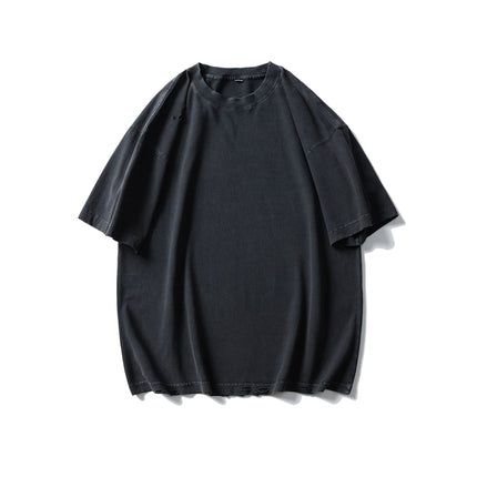Black Fleet Distressed Short-Sleeve T-Shirt, Pure Cotton, Washed, Versatile for Everyday Wear, Crew Neck, Drop Shoulder, Half-Sleeve Top Mgd202