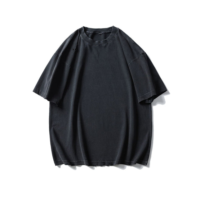 Black Fleet Distressed Short-Sleeve T-Shirt, Pure Cotton, Washed, Versatile for Everyday Wear, Crew Neck, Drop Shoulder, Half-Sleeve Top Mgd202
