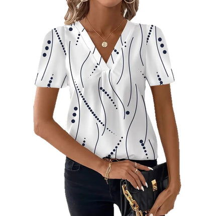 European and American Cross-Border 2025 Summer New Product Amazon Independent Station Temu Fashion Casual Printed V Neck Top T-Shirt Women's Clothing