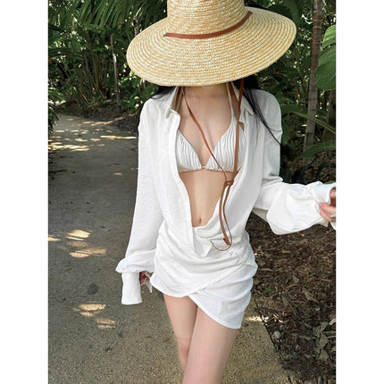 Ins Seaside Beach Vacation Bikini Shirt Dress Swimsuit Women's Three-Piece Set to Cover Belly Internet Celebrity Small Breasts Popular Summer