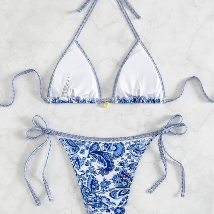 2025 New Bikini Cross-Border European and American Foreign Trade Printed Triangle Cup Pendant Sexy Bikini Swimsuit Swimwear for Women