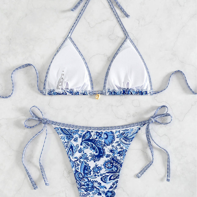 2025 New Bikini Cross-Border European and American Foreign Trade Printed Triangle Cup Pendant Sexy Bikini Swimsuit Swimwear for Women