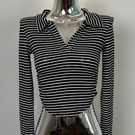 South Korea's Dongdaemun New Product Polo Collar Pinstripes Elastic Waist Short Long-Sleeved T-Shirt Top Women's Trendy