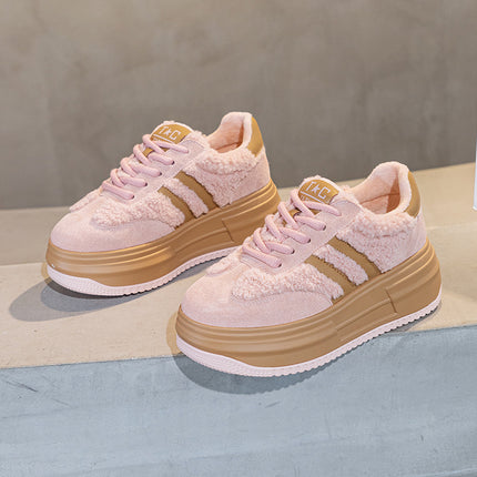 Winter cotton shoes thick sole hidden height 7cm genuine leather lamb wool shoes fleece-lined warm German training shoes striped break shoes for women