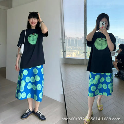 Pure Cotton ~ Spring and Summer New Niche Design Holiday Style A-Line High-Waist Slim Cotton Apple Print Skirt for Women