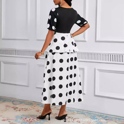 Cross-border Amazon Europe and the United States spring and summer popular fashion simple light cooked wind V collar short sleeve retro wave dress