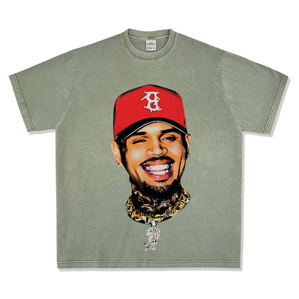Cross-Border American Retro Chris Brown Chris Brown Printed Short-Sleeve T-Shirt Heavy Trendy Brand Versatile High Street