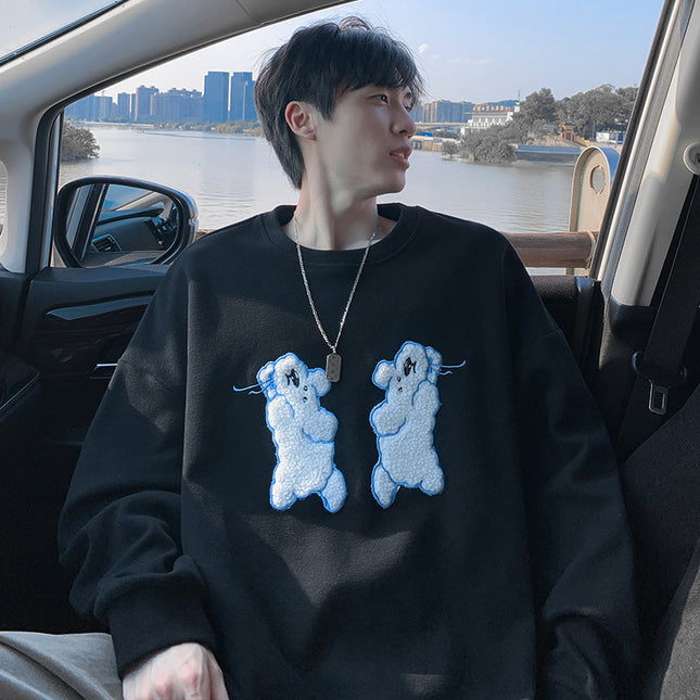 2025 Autumn New Men's Sweatshirt Hong Kong Style Dog Embroidery Cotton Oversized Sweatshirt Men's Loose Long Sleeve Top