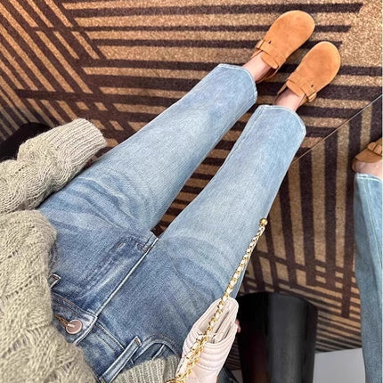 Korean Pear-Shaped Figure Slim Straight-Leg Jeans for Women Plus Size Autumn Stretch Petite Cropped Cigarette Pants Trendy