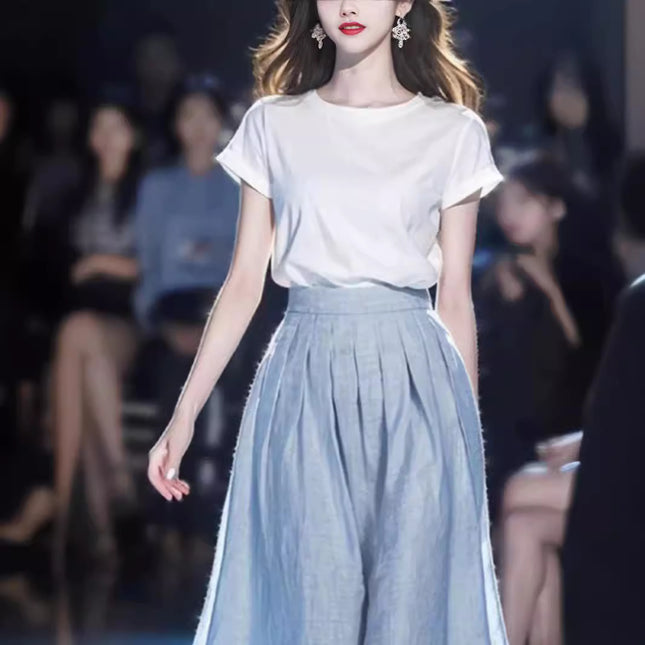 Elegant wear a whole suit women's 2024 summer new simple fashion white T-shirt skirt two-piece skirt