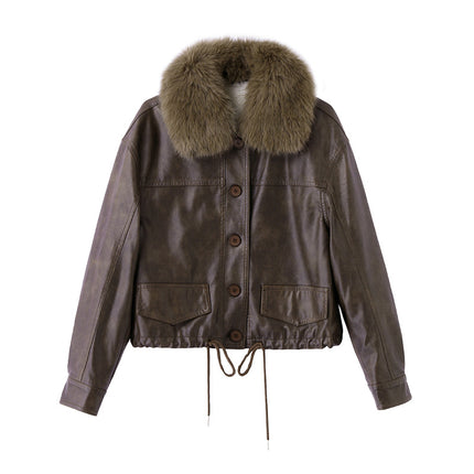 Fur Collar Leather Jacket Autumn and Winter fleece-lined Thickened 2024 Winter New Short PU Leather Motorcycle Jacket Top