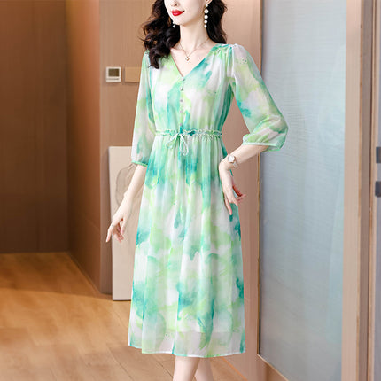 French Style Gentle Dizzy Dyed dress Women's 2024 Summer New Fashionable Elegant Lace-up Waist Slimming Dress