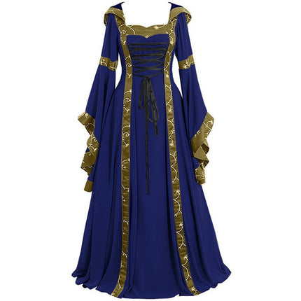 Foreign Trade European and American Women's Medieval Clothing Women's Retro Hooded Dress Square Collar Bell Sleeve Stage Performance Clothing