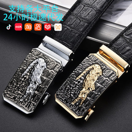 Men's Crocodile Pattern Leather Belt with Alloy Automatic Buckle, High-Quality Belt for Men, Casual and Business Versatile, Crocodile Pattern with a High-End Feel