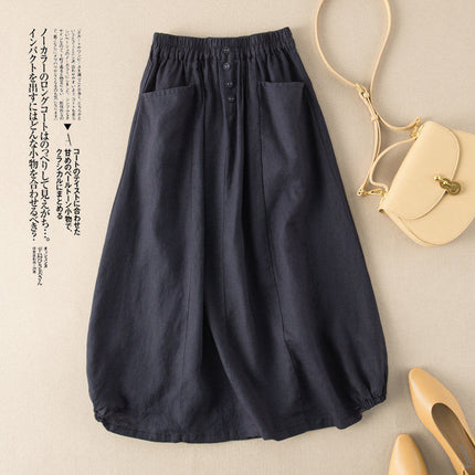 plus size Women's 2023 Summer New Cotton and Linen Vintage Skirt Slimming Artistic Elegant Mid-length High Waist A- line Skirt