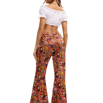 2025 Amazon Hot Selling Women's Hippie Clothing Fashionable Wide Leg Flare Pants Contrast Printed Trousers + Headscarf