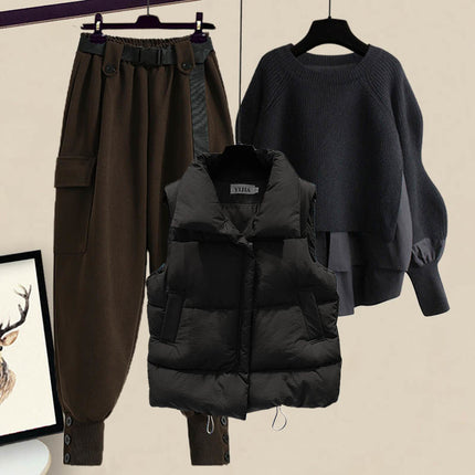 plus size women's autumn and winter suit women's 2024 new wear western style vest shirt slim cargo pants three-piece set