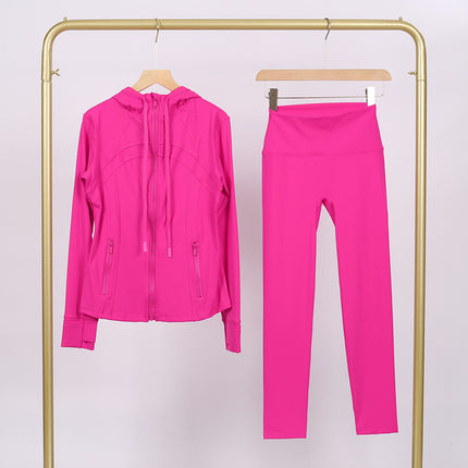 Lulu Df Stamped Hooded Jacket and Cropped Pants Set, Tight-Fitting Stretch Jacket with Gold Zipper, Fitness Yoga Outfit