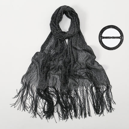 Cross-border new ladies solid color tassel long towel fashion simple gold and silver silk sunshade shawl commuter all-match scarf