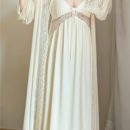 1510 Summer chubby girl plus size Pajamas Women 200 Jin Sexy Lace V-Neck Sling with Chest Pad Two-Piece Long Nightgown