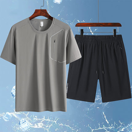 25 Summer Ice Silk Sports and Casual Large Size Short Suit Men's Summer Ice Silk Quick-Drying Ice Silk Two-Piece Running Suit