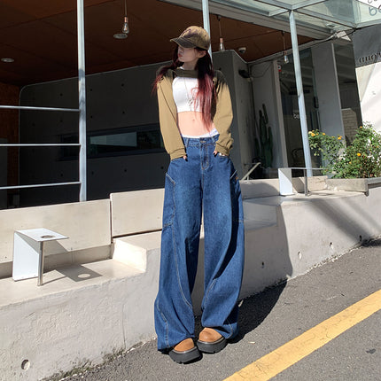 Vintage dark blue High Street Loose Fashion Machete Pants Women's Spring Design Sense Big Pocket Wide Leg Jeans Mop Pants