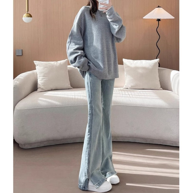 Retro Blue Split Horn Jeans Women's Trendy All-match New Explosive Slim-fit High Waist Micro Horseshoe Long Pants