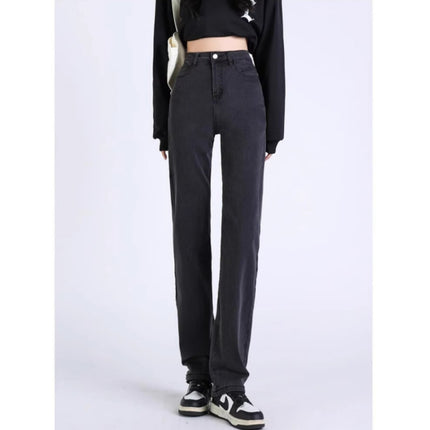 Black Grey Smoke Tube Jeans Women's Trendy All-match Korean Style High Waist Slimming Stretch Slim-fit Niche Narrow Straight Leg Pants