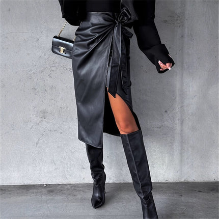 Cross-border foreign trade pu leather skirt Europe and the United States Amazon women's mirror leather slit sexy hot girl mid-length skirt