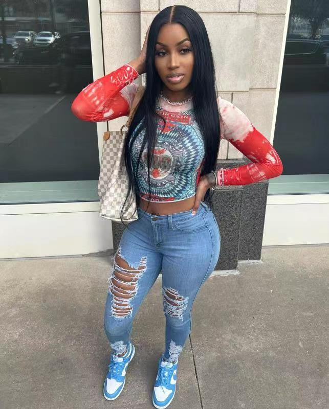 Spot European and American wish AliExpress Amazon ebay ripped denim leggings women's trousers factory outlet