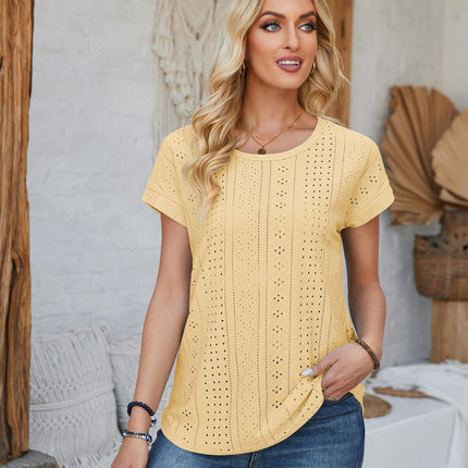 Amazon Independent Station Cross-border European and American Foreign Trade Women's Short-sleeved T-shirt US-size Needle-eye Hollow-out Crewneck Top