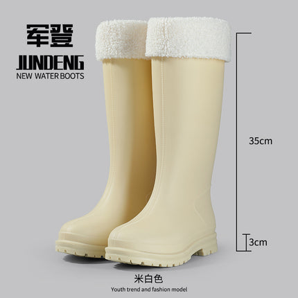 Women's High-Top Rain Boots, Outdoor Fashionable Versatile Waterproof Shoes, Kitchen Work Non-Slip Overshoes, Fleece-Lined Water Boots for Women