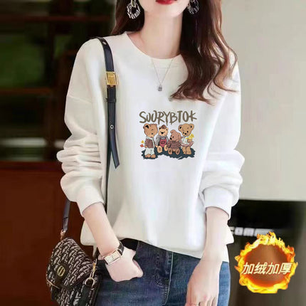 Autumn and Winter All-match Cotton Crewneck Sweater New Casual Printed Cartoon fleece-lined Thickened Base Top for Men and Women