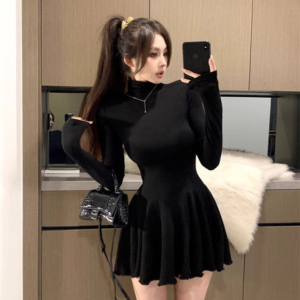 Pure Desire Hot Girl High Neck Versatile Long Sleeve Dress Women's Autumn and Winter New Waist Puff Skirt Slimming Bottoming Skirt Short Skirt