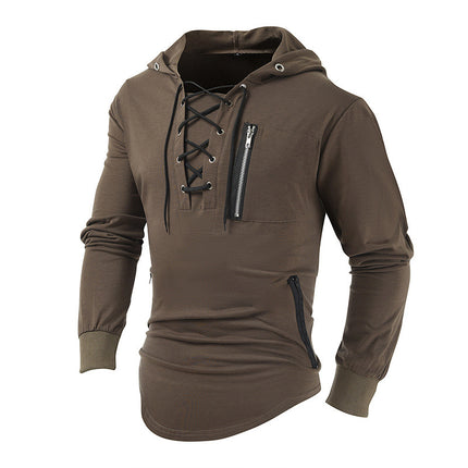 2025 Men's Spring and Autumn Hoodie Solid Color Lace-Up Zipper Pocket Sports Streetwear Hooded Sweatshirt