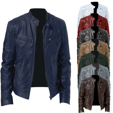 Foreign Trade Business Gentleman Warm Zipper Cardigan Pocket Decorative PU Leather Jacket Stand Collar Slim Fit Zipper Leather Jacket