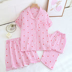 Ds48 crepe lapel striped pink love home three-piece set / M fit around 45-57.5kg